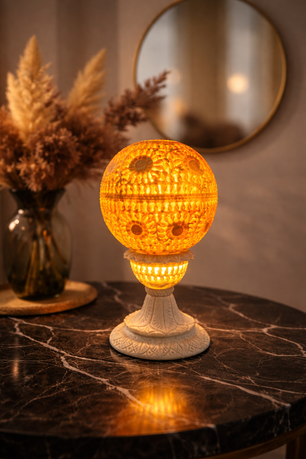 Luxury hand-carved soapstone round tealight holder projecting vibrant light patterns indoors