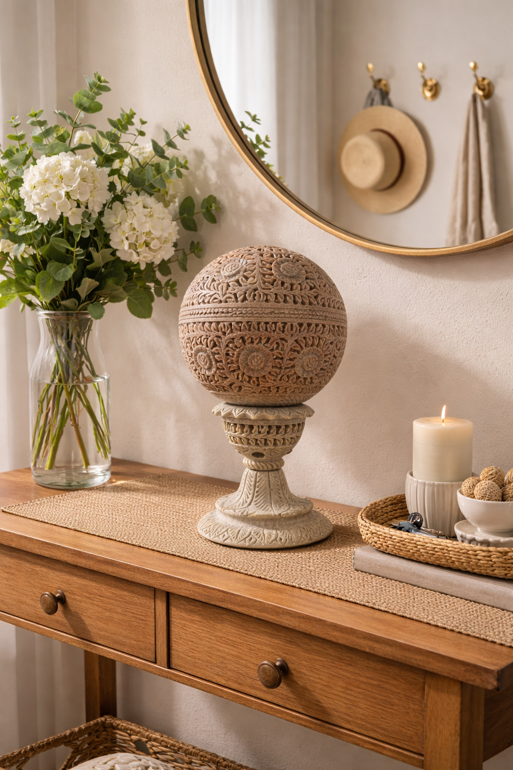 Statement soapstone floral tealight holder displayed on entryway console table