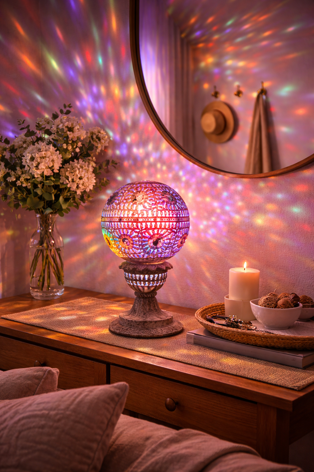 Hand-carved soapstone floral tealight holder casting colourful light patterns on wall