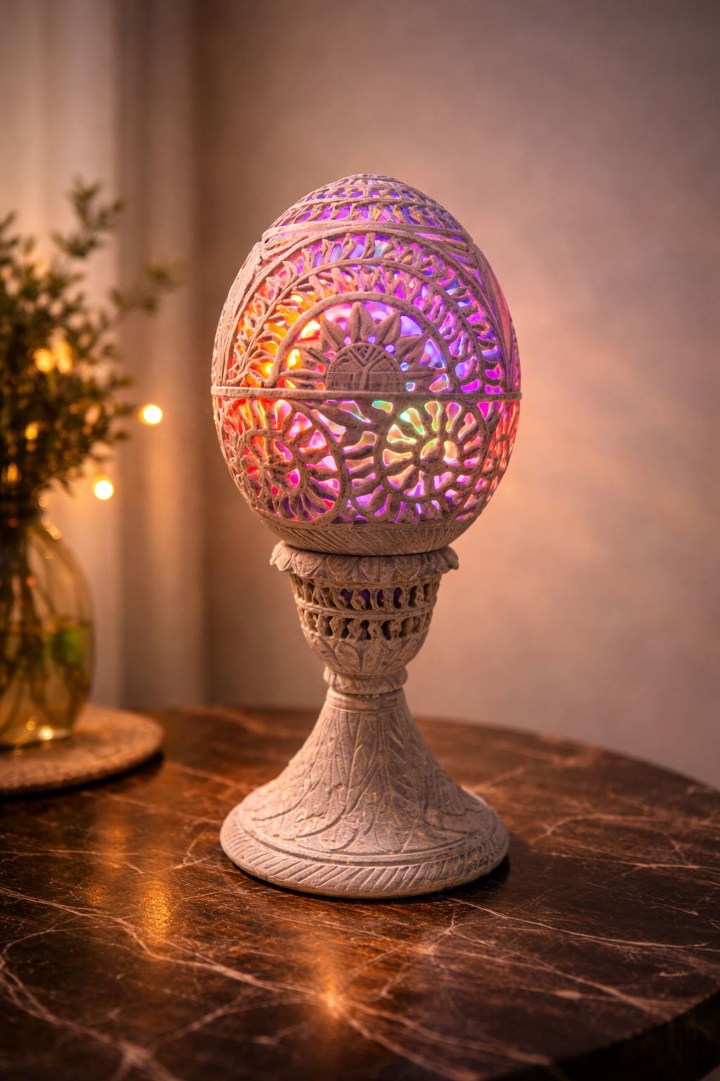 Soapstone oval tealight holder creating warm ambient glow on elegant dinner table