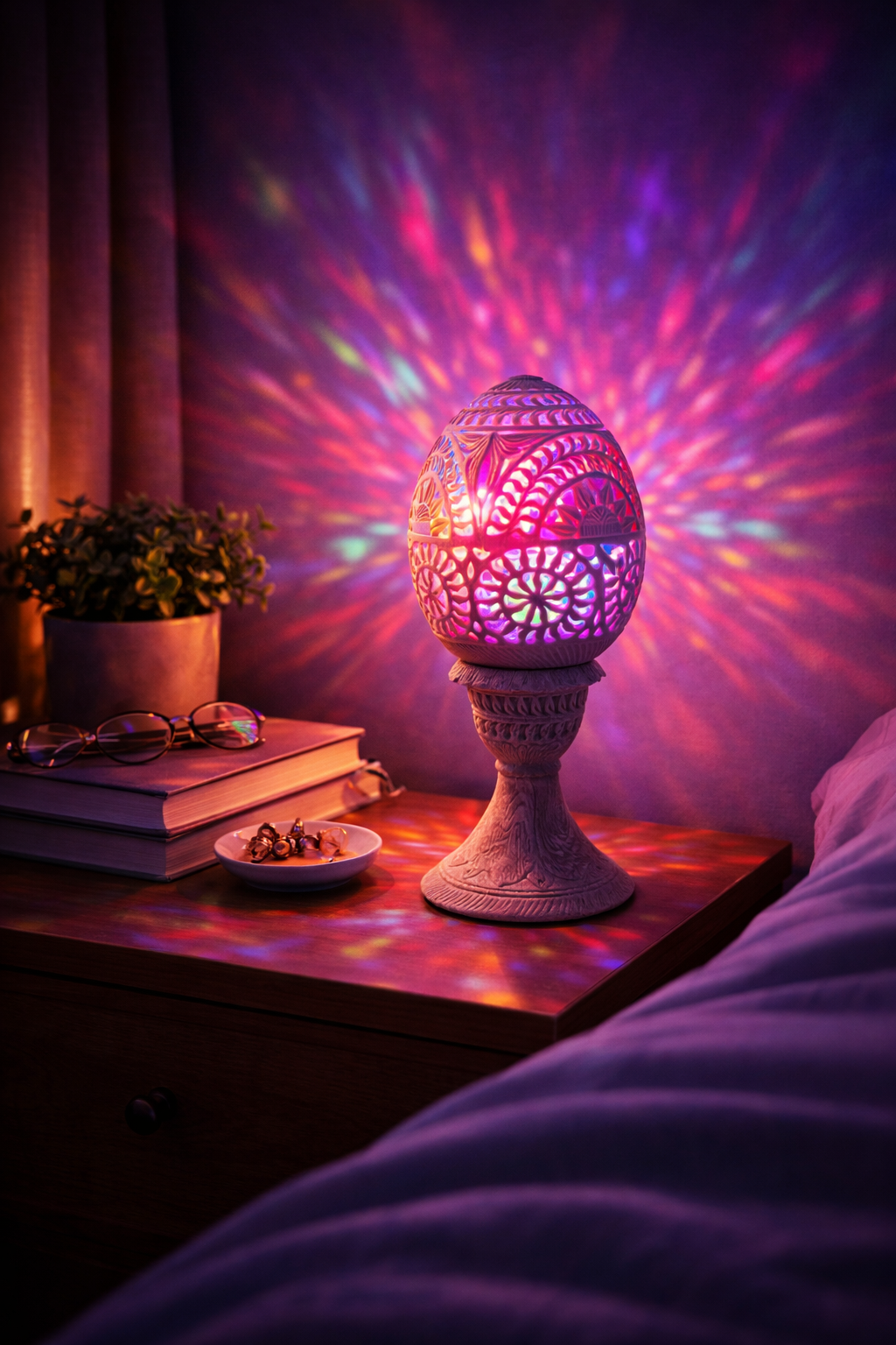 Hand-carved soapstone oval tealight holder glowing softly on a bedside table