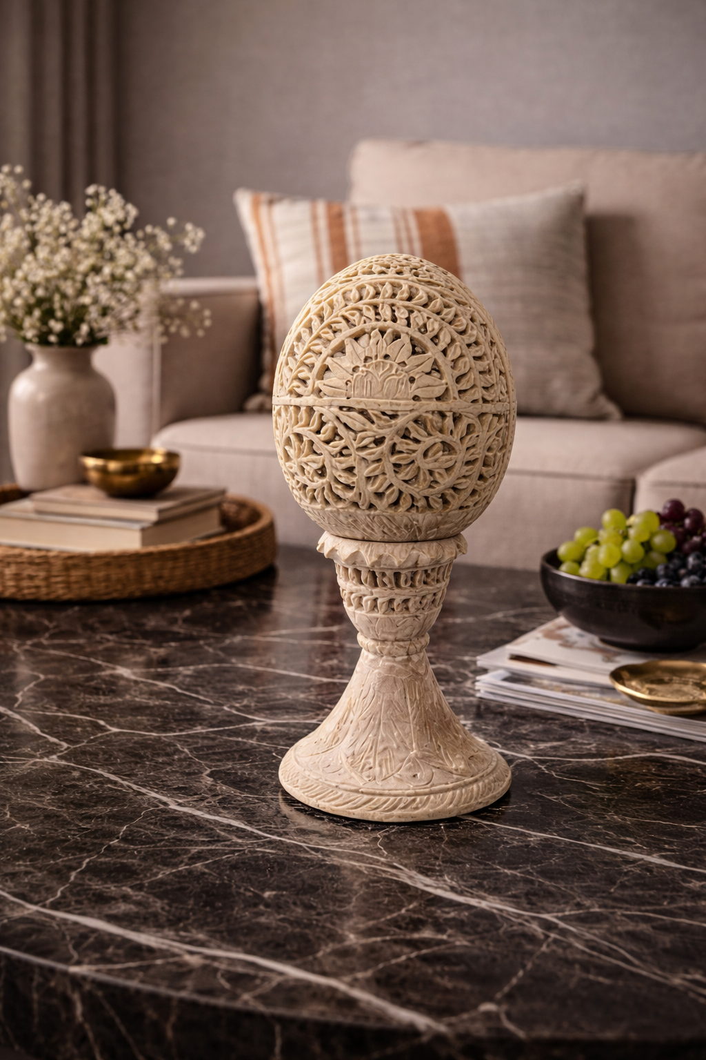 Luxury soapstone oval tealight holder used as a centrepiece on a tea table
