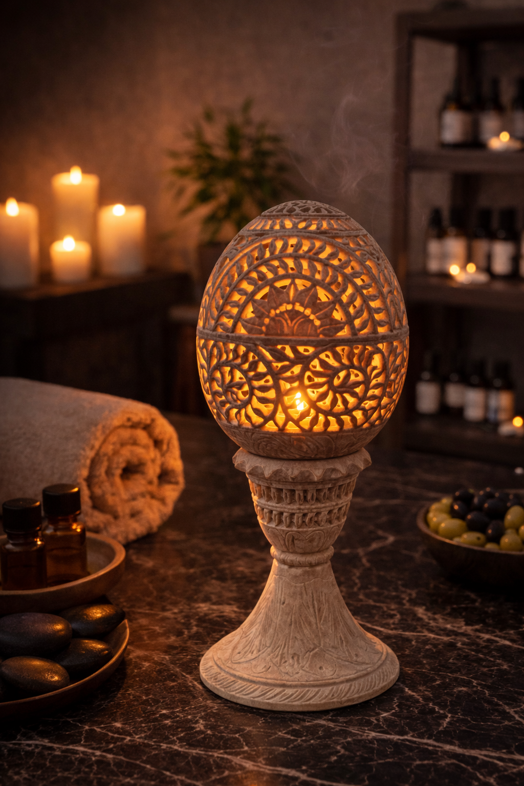 Natural soapstone oval tealight holder in calming meditation space with candle glow