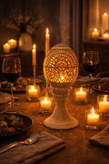 Hand-carved soapstone oval tealight holder glowing on dining table with candles