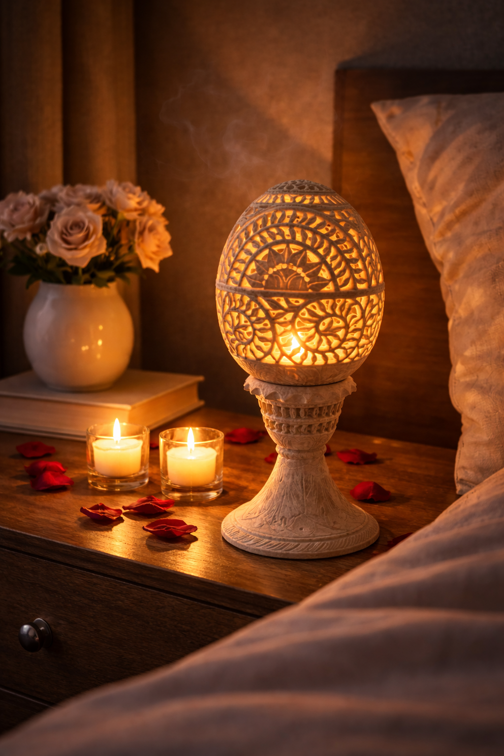 Hand-carved soapstone oval tealight holder glowing softly on a bedside table