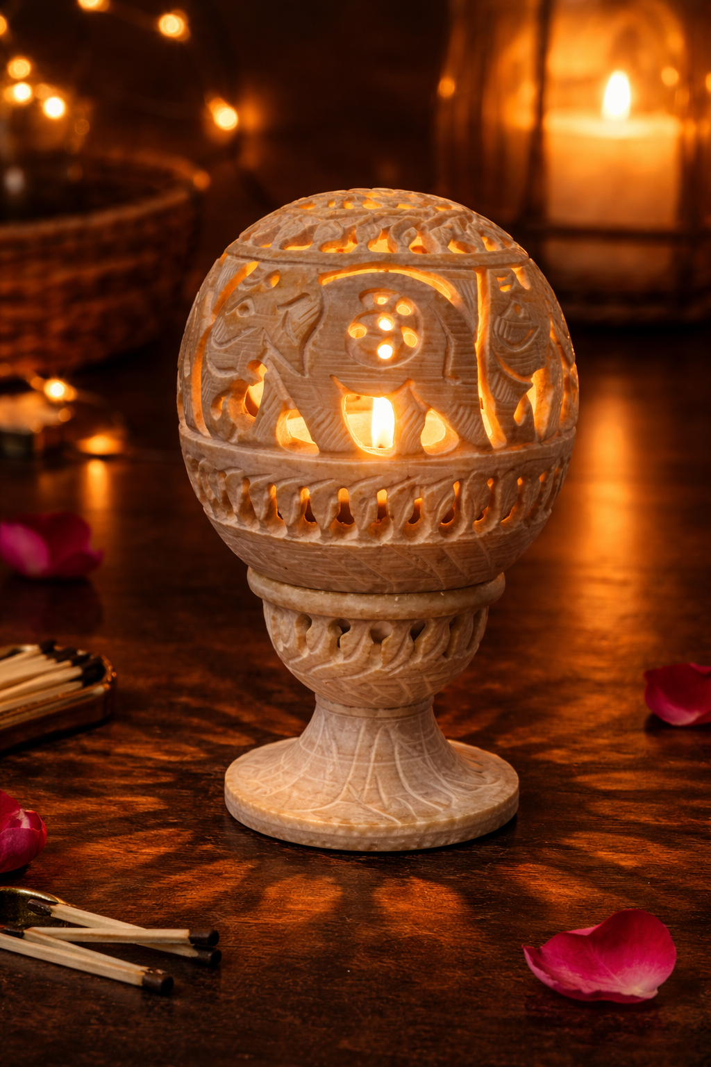 Hand-carved soapstone elephant tealight holder glowing with warm candlelight