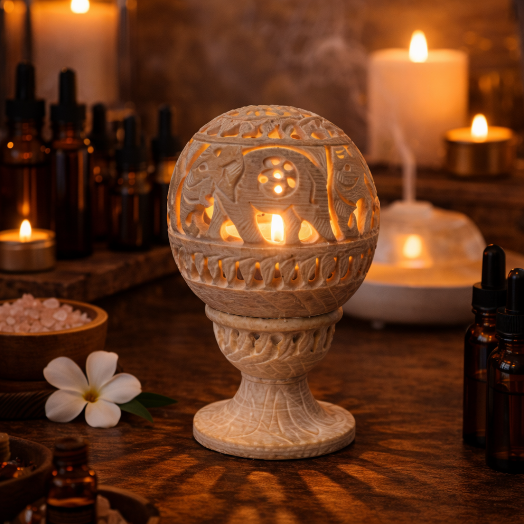 Natural soapstone elephant tealight holder creating calming light in meditation space