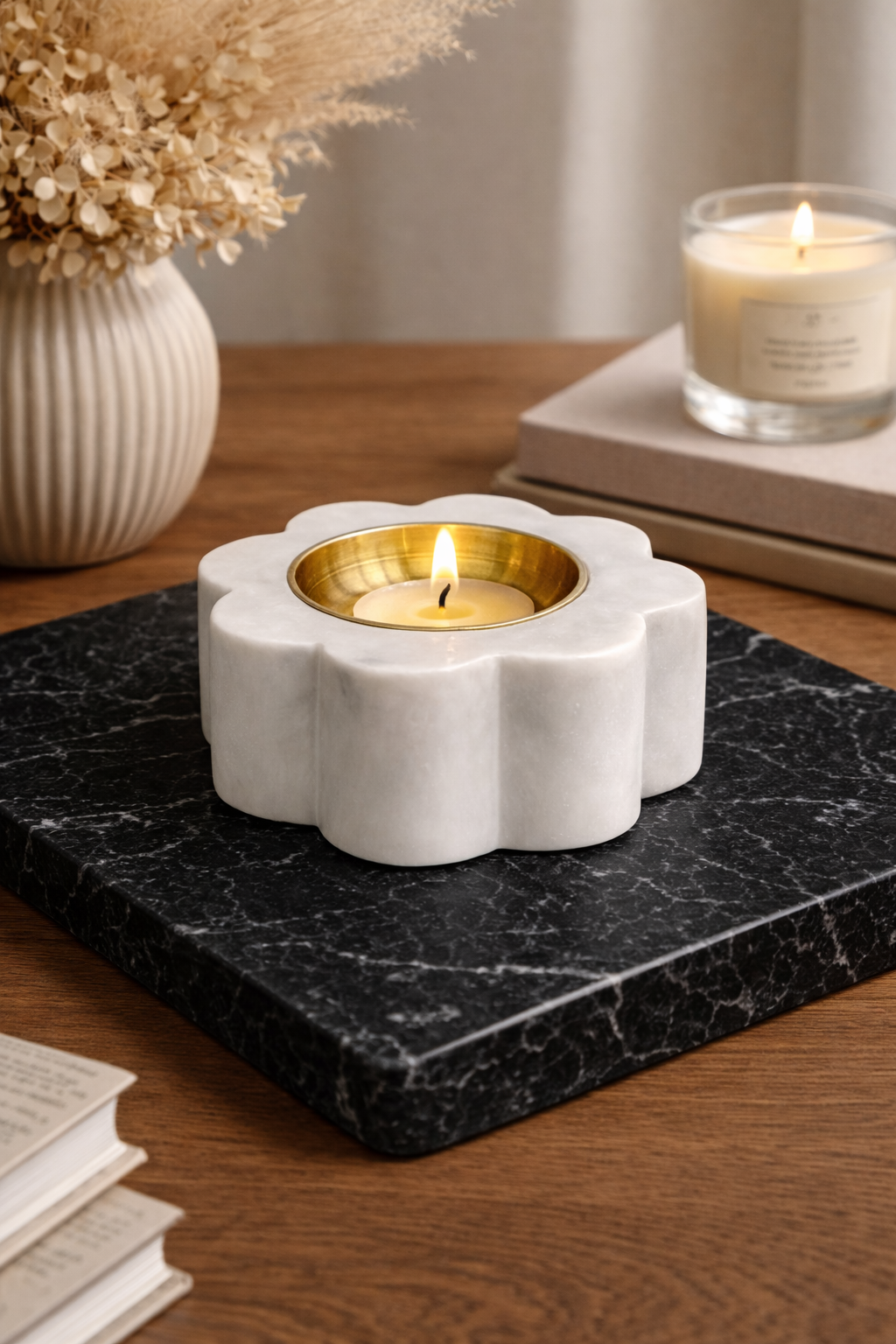 Luxury round lotus marble tealight holder styled on black tray in modern home decor setting NZ