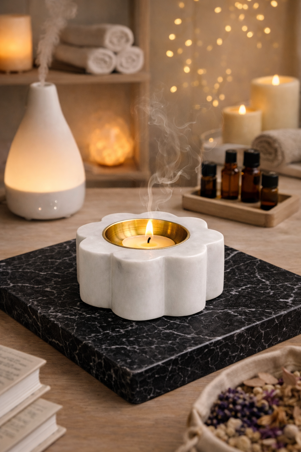 Marble lotus tealight holder with candle creating warm ambient lighting