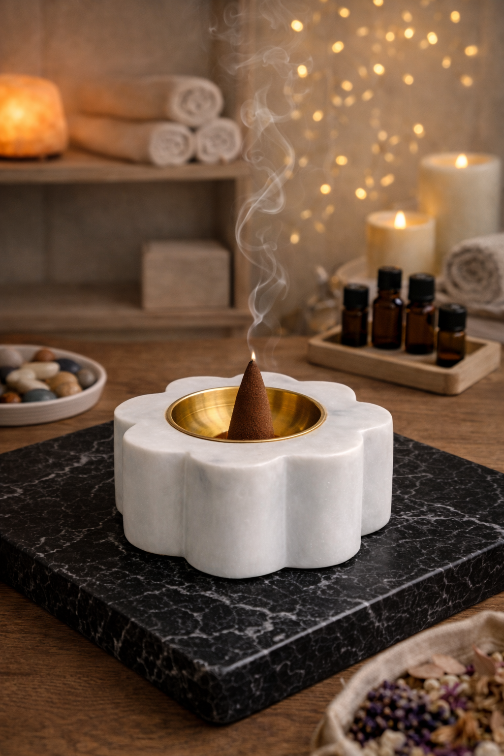 Round white marble candle holder for shelf decor and spa room styling