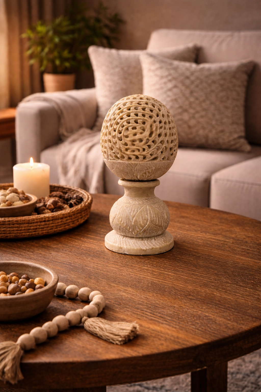 Spinning natural soapstone candle holder glowing with warm light around inner elephant carving
