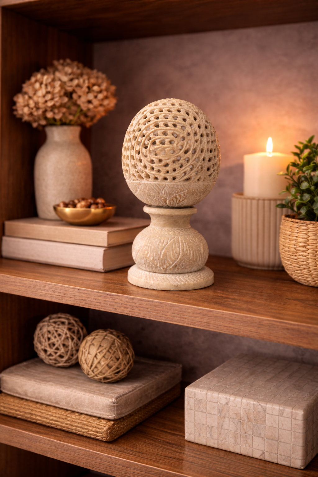 Hand carved soapstone sphere tealight holder featuring a 3D baby elephant sculpture inside