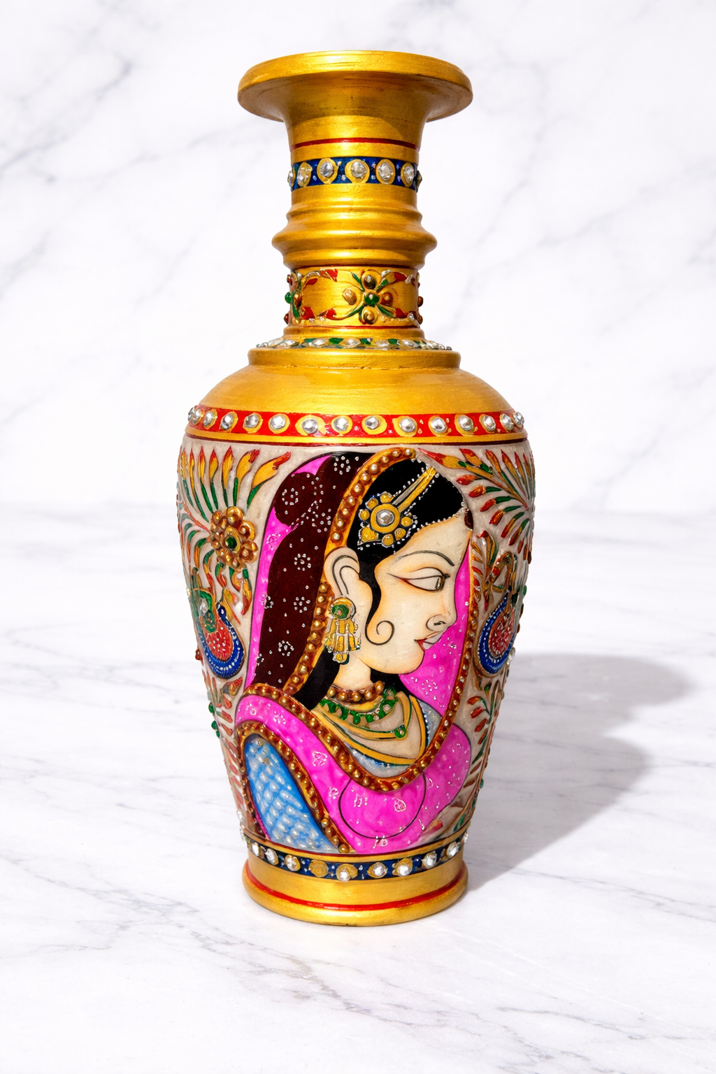 Hand-painted decorative vase on a light marble background