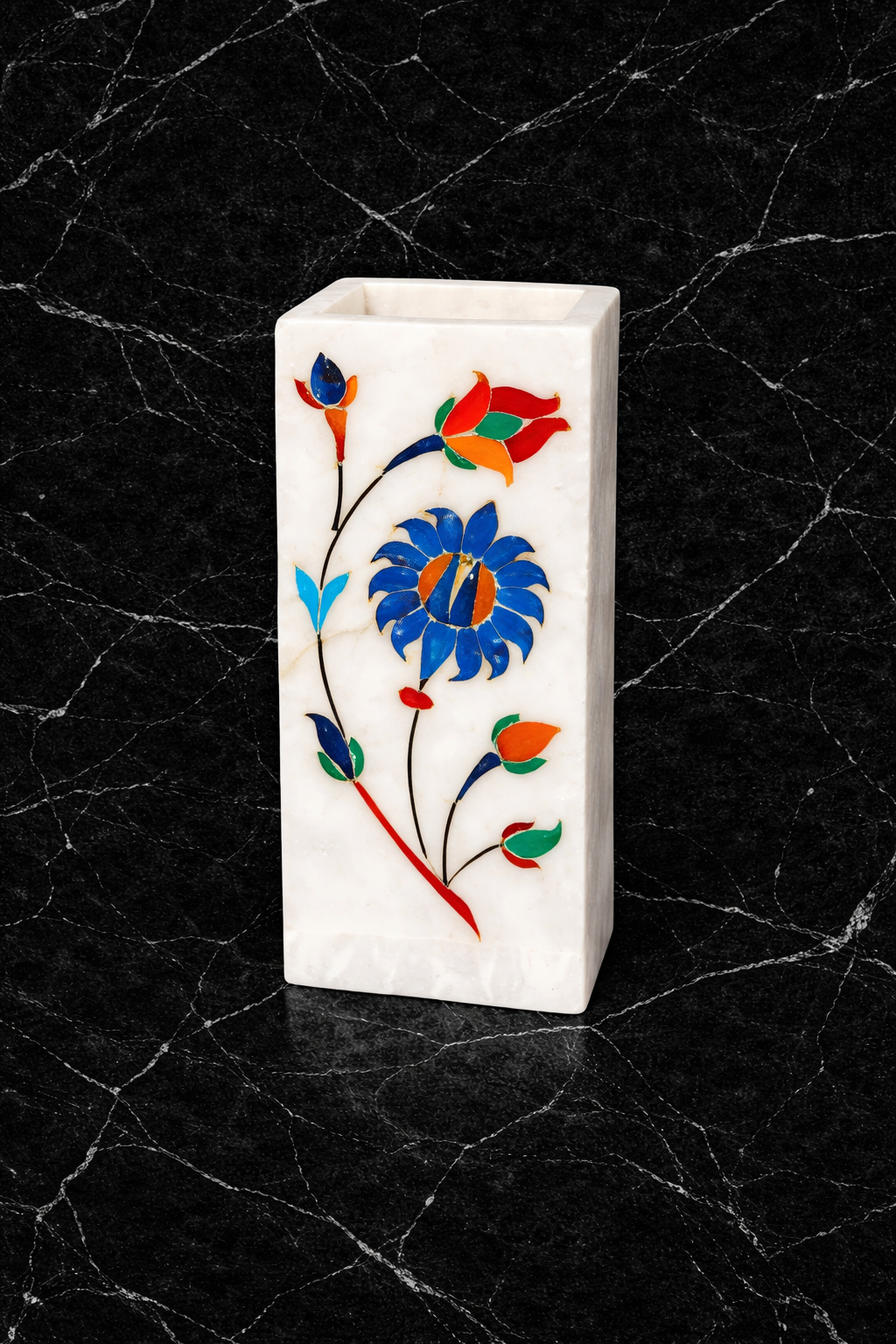 White marble multipurpose stand with handcrafted floral inlay