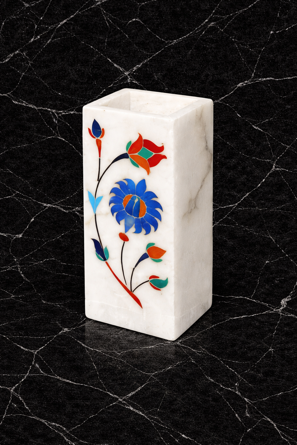 Handcrafted White Marble Multipurpose Stand with Floral Inlay – Luxury Desk & Vanity Organiser
