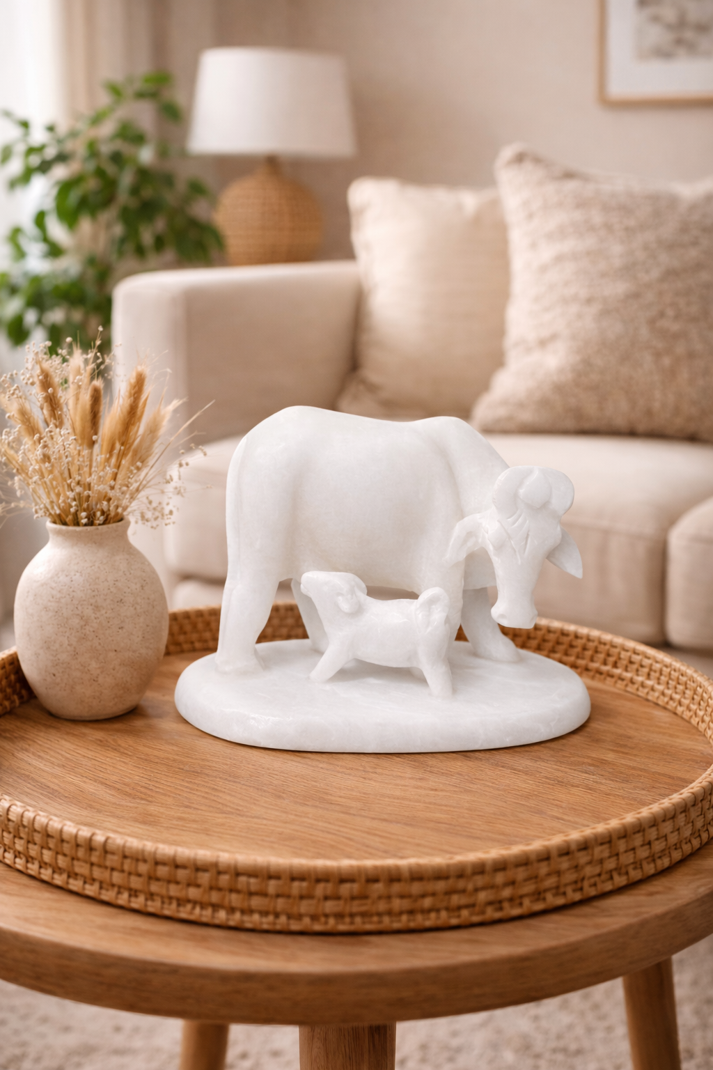 white marble cow and calf statue on wooden coffee table living room decor nz