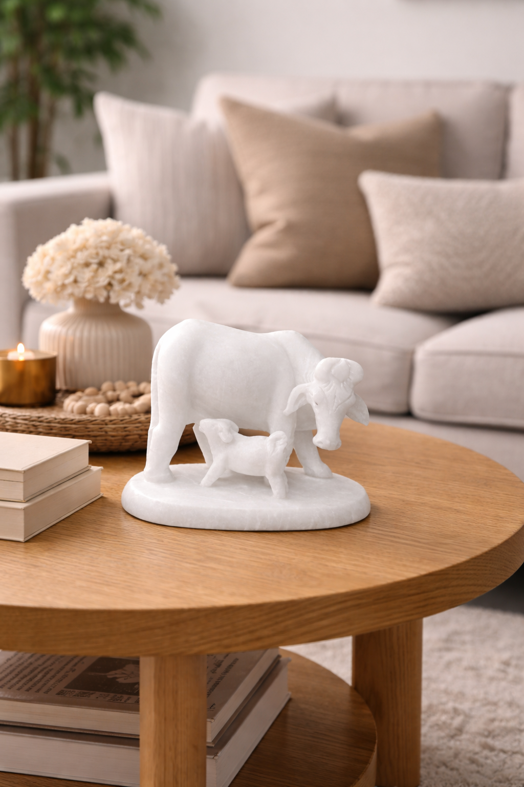 premium white marble cow and calf statue handcrafted animal sculpture living room coffee table decor 