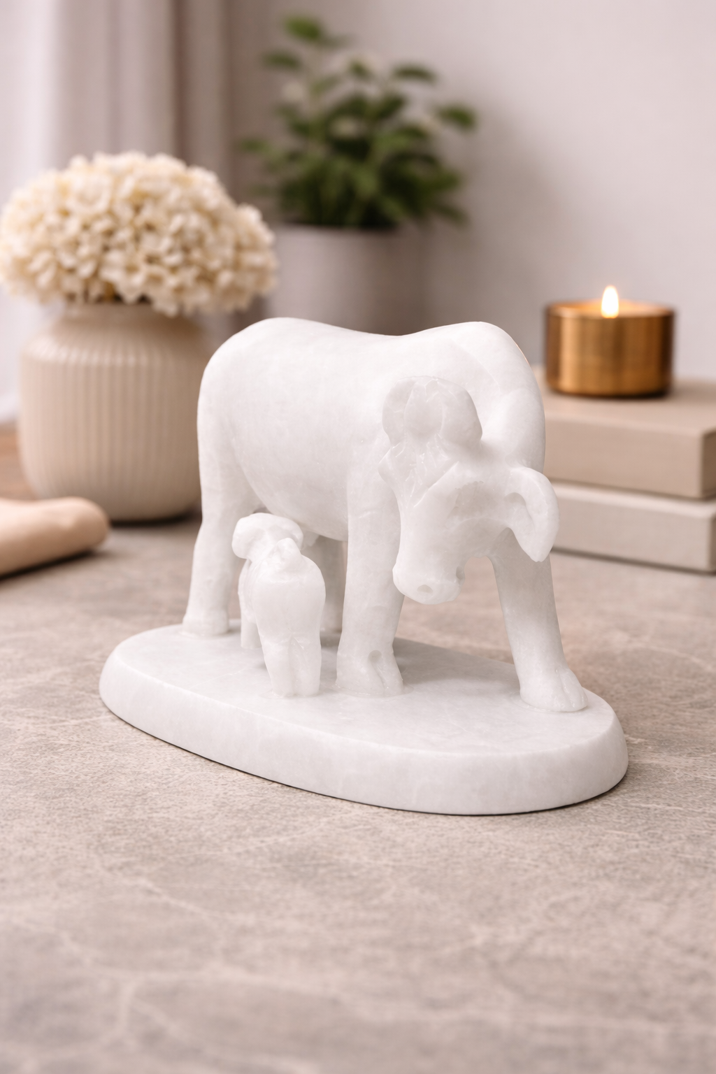 marble cow calf statue spiritual decor for pooja or meditation space