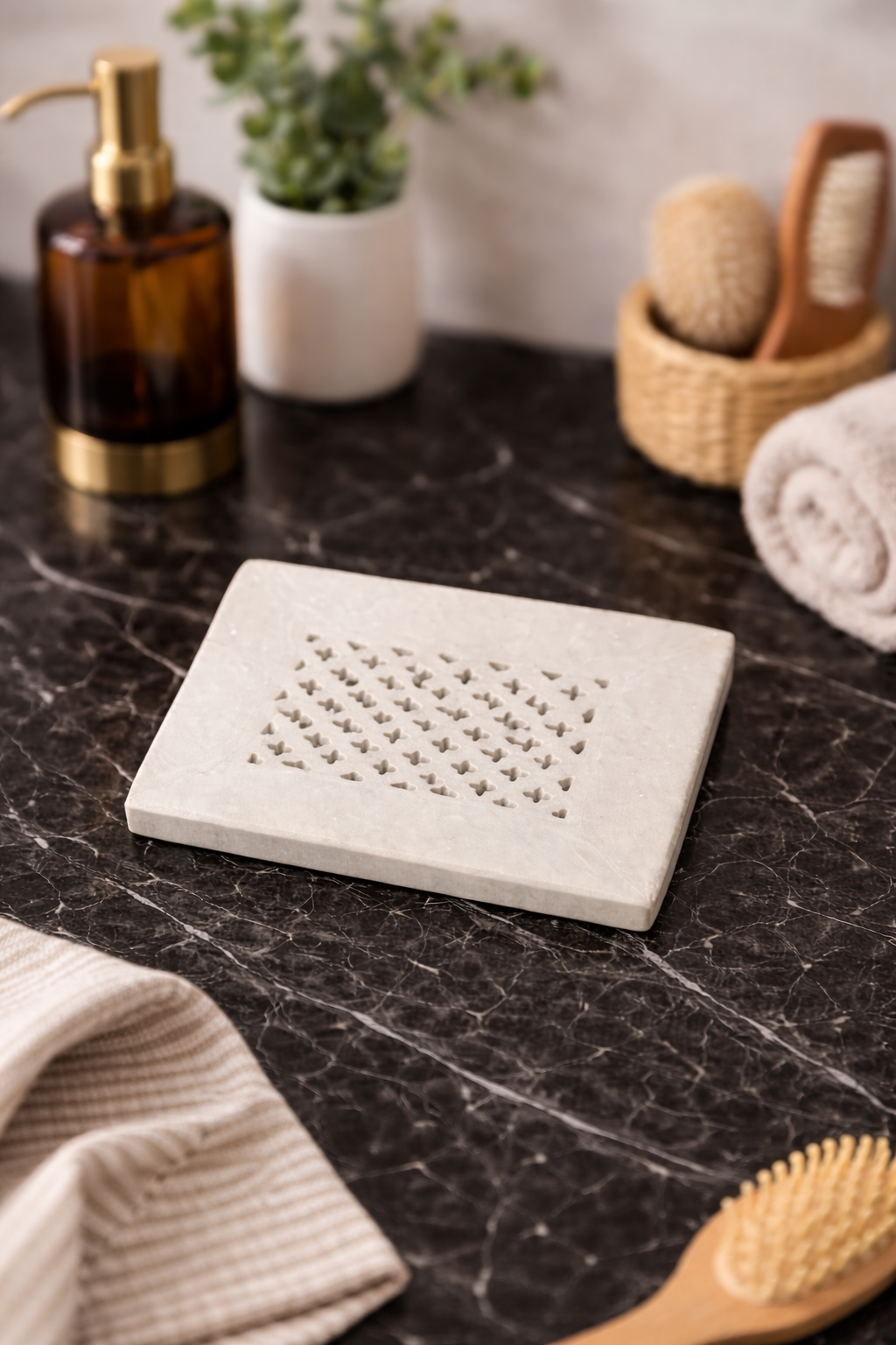 White marble soap tray with drainage holes on bathroom counter, luxury stone decor NZ.