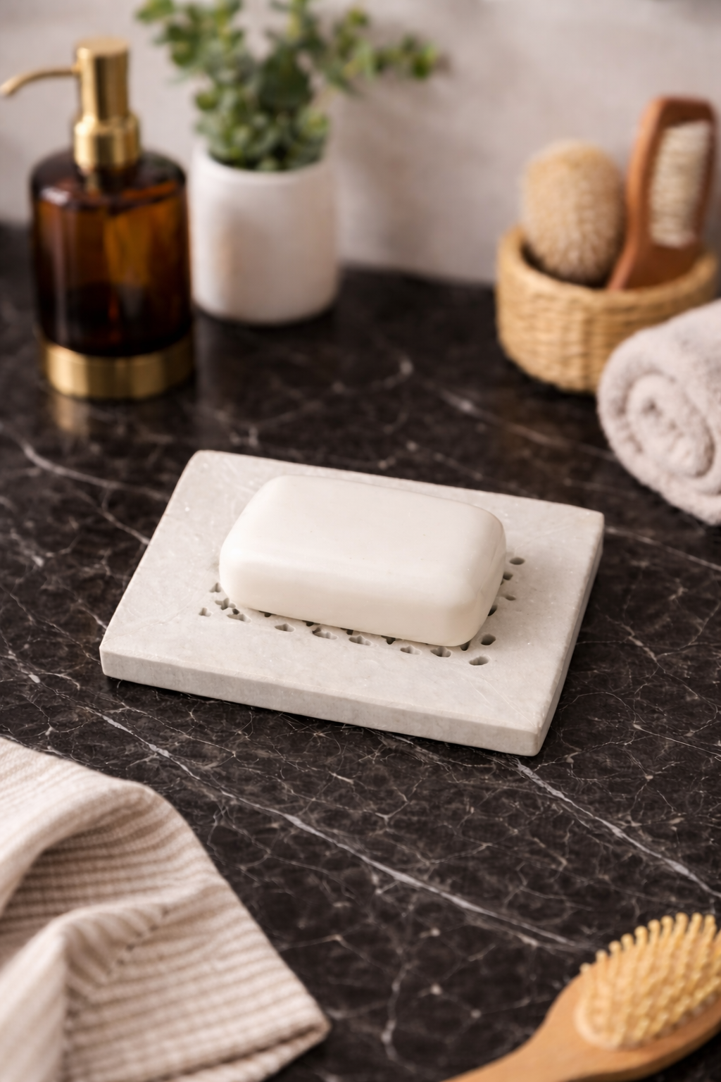 Minimal white marble soap tray on bathroom sink counter with neutral decor, modern stone home accessory NZ.