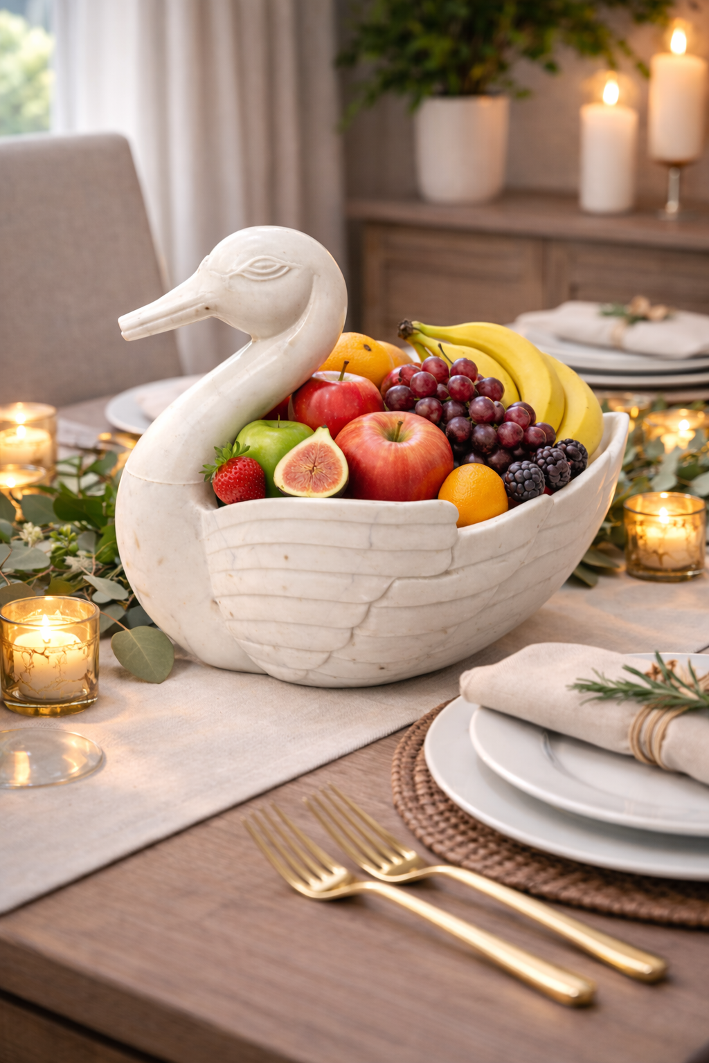 Polished white marble duck bowl styled as dining table centrepiece, elegant natural stone décor NZ