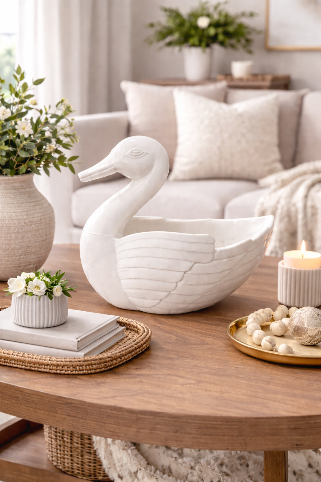 White marble duck bowl displayed on wooden living room table, premium decorative accent NZ