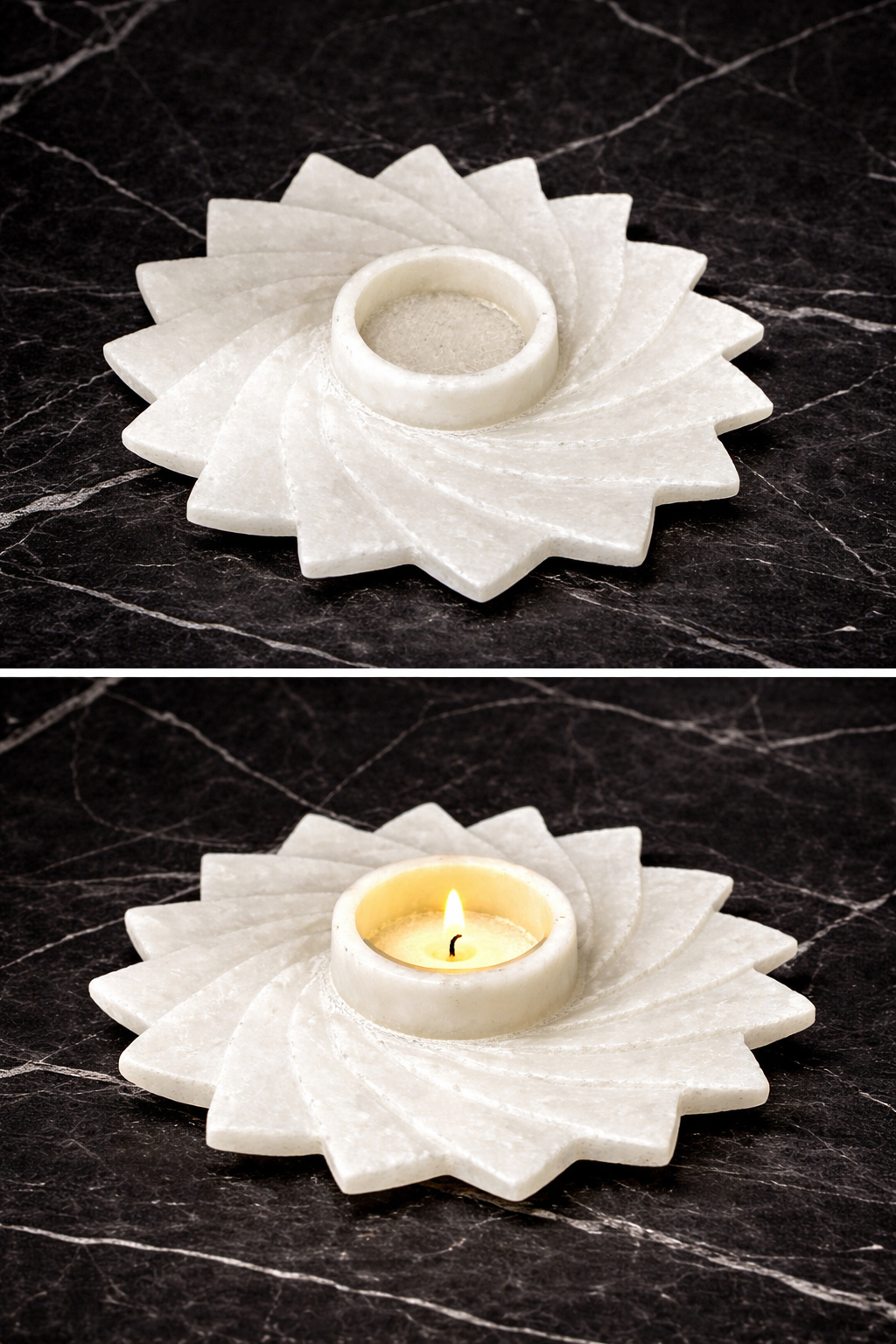 White marble spiral candle holder carved from solid natural stone NZ