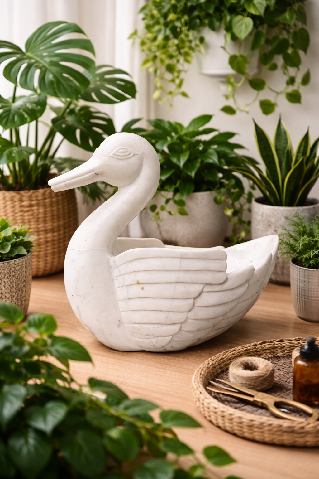 Hand-carved white marble duck bowl styled on wooden table with indoor plants, luxury stone décor NZ