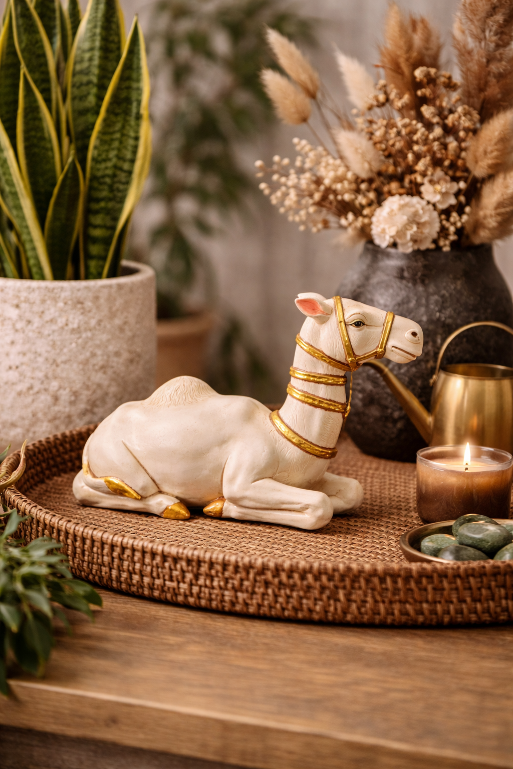 White camel figurine with gold accents on a woven tray