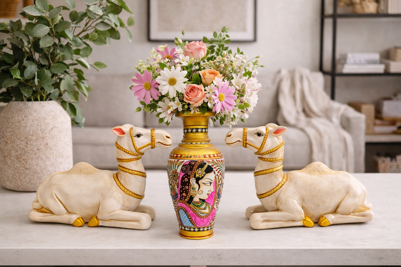 Hand-painted decorative vase with flowers between two white camel figurines