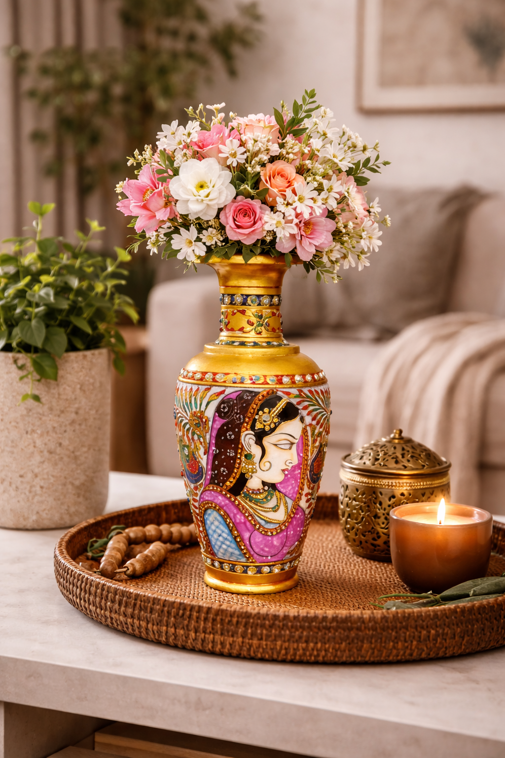 Hand-painted decorative vase with flowers on a woven tray beside a candle