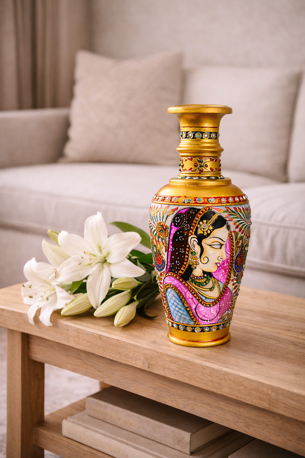 Hand-painted decorative vase with flowers on wooden table