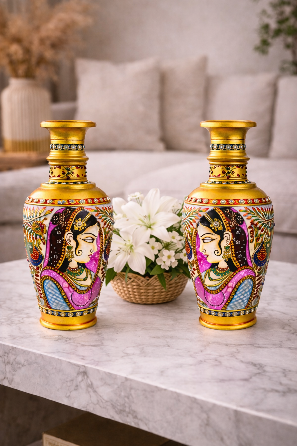 Hand-painted decorative vases with flowers on coffee table