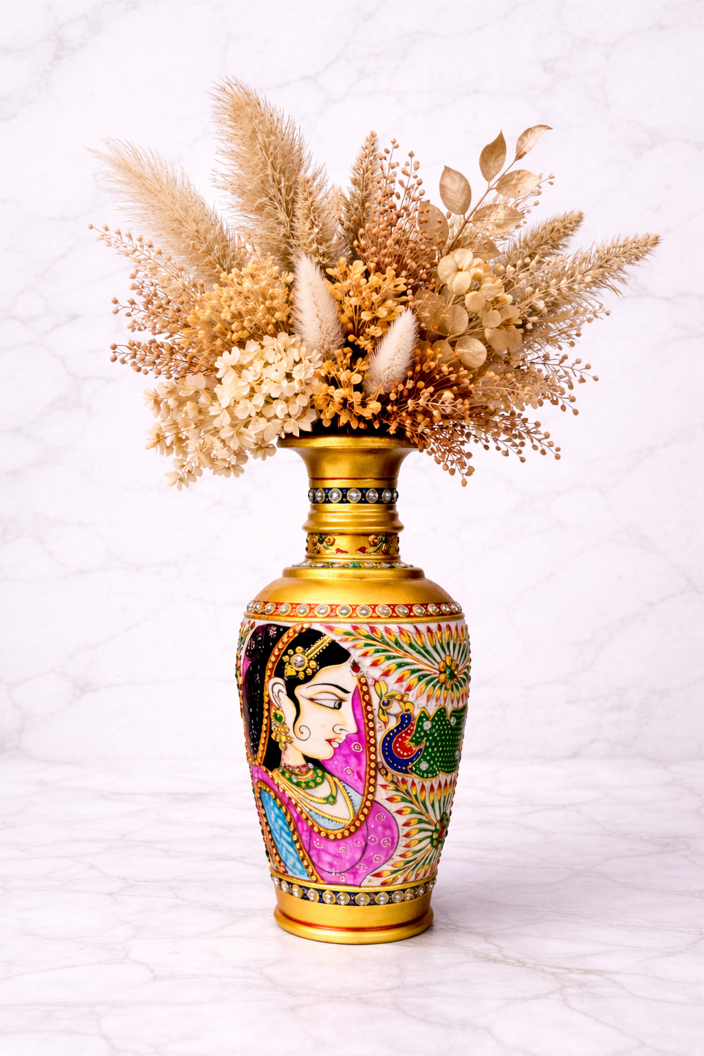 1.3 kg Hand-painted decorative vase with dried flowers on a light marble background