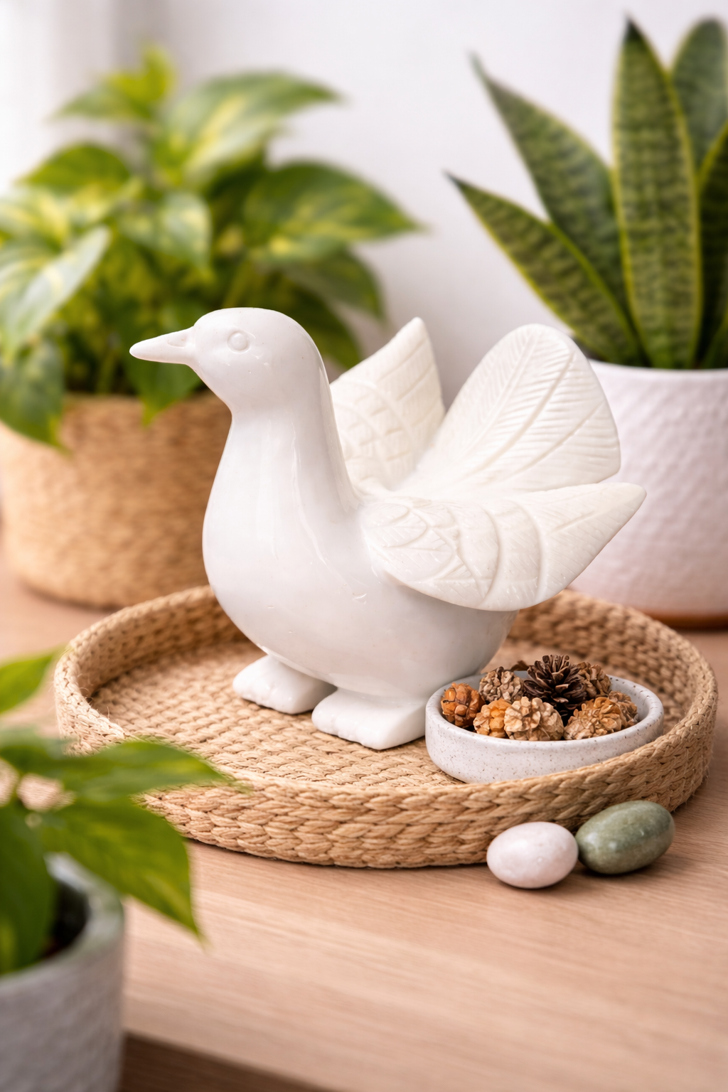 White marble dove statue on console table with indoor plants