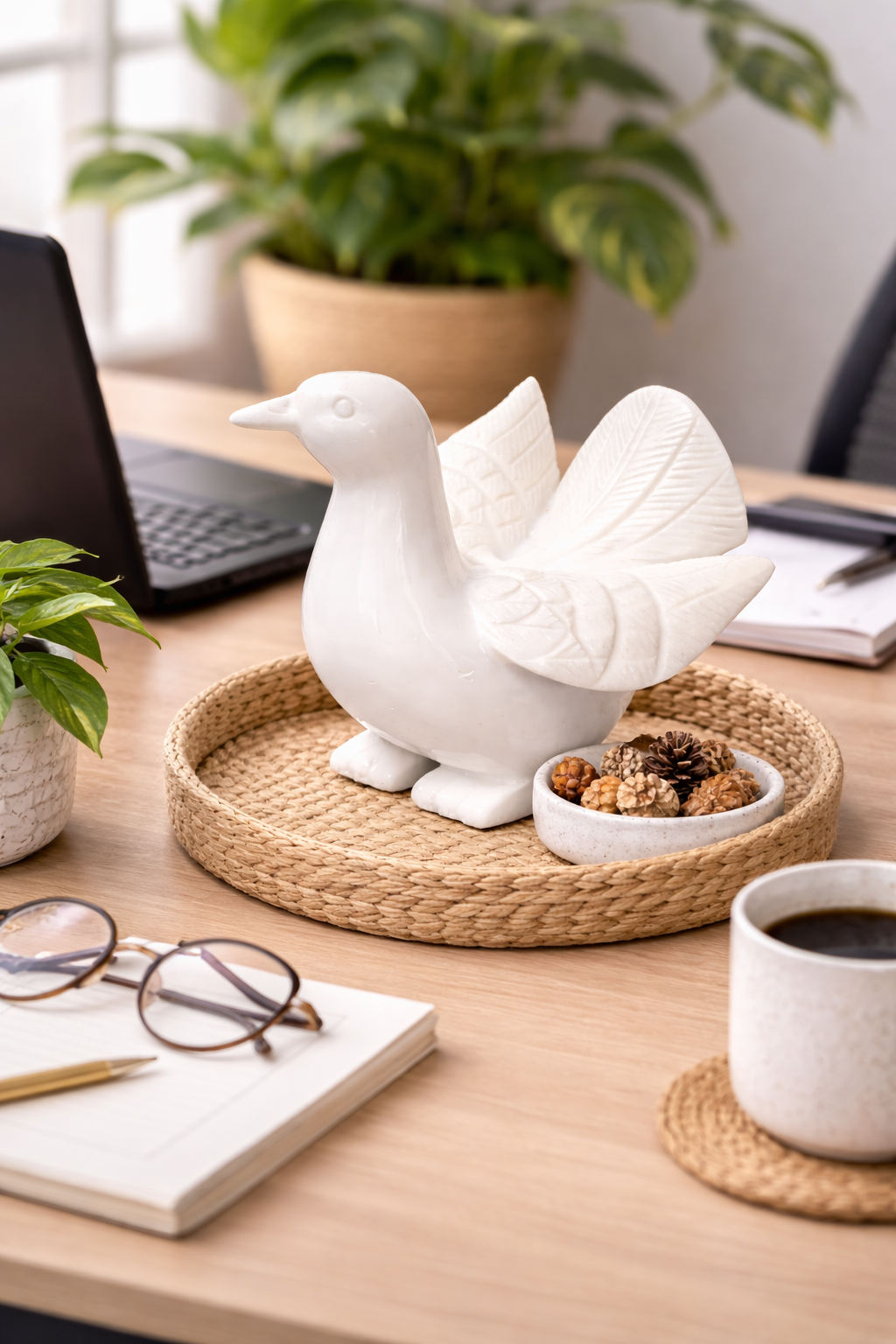 Marble dove figurine used as desk decor in modern workspace