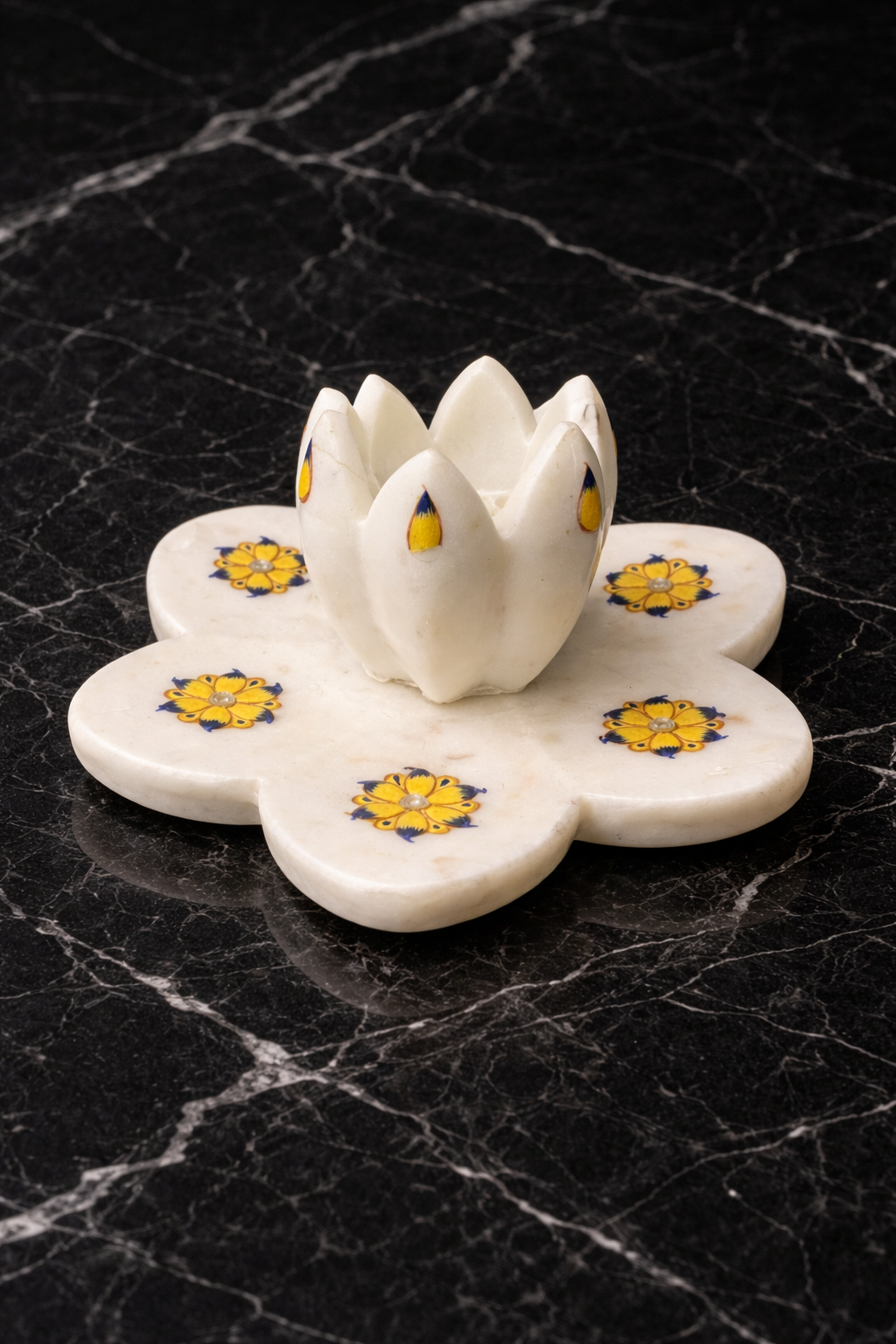 White marble lotus candle holder with hand-painted floral detailing