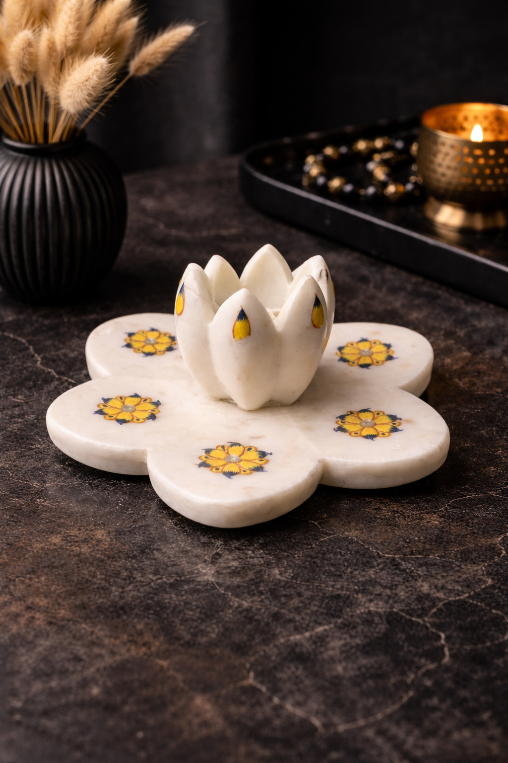 Hand-painted solid marble lotus tealight holder with matching floral marble plate
