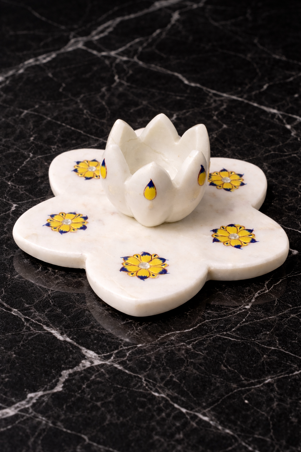 Hand-painted marble lotus tealight holder with floral base NZ
