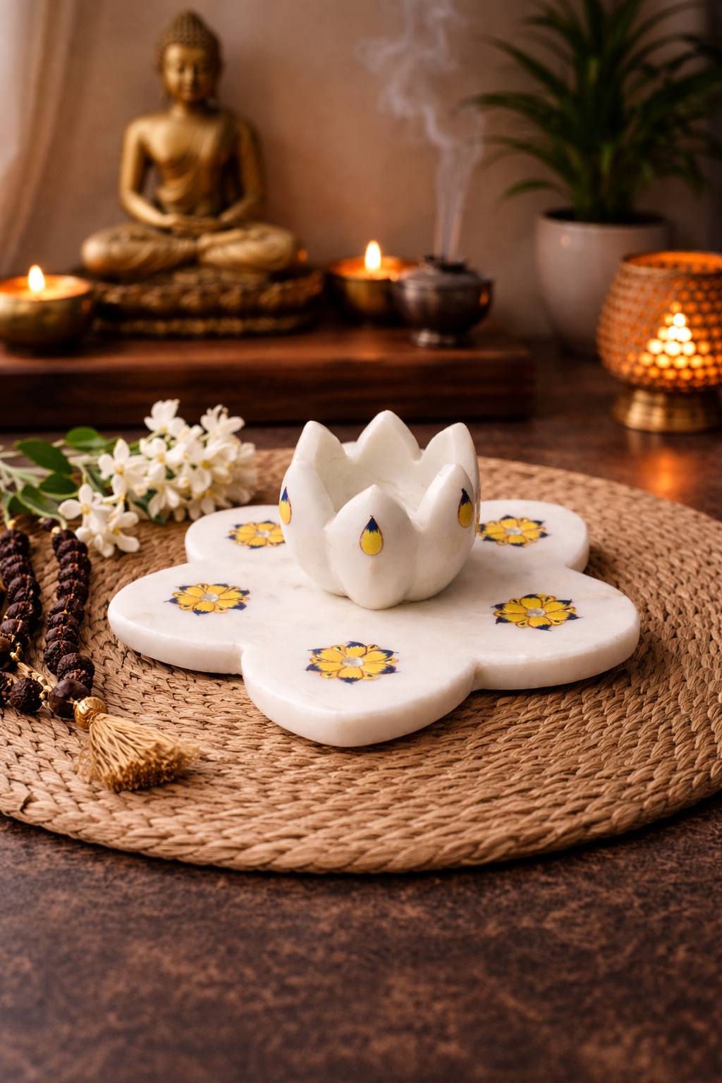 Hand-painted marble lotus tealight holder for meditation decor