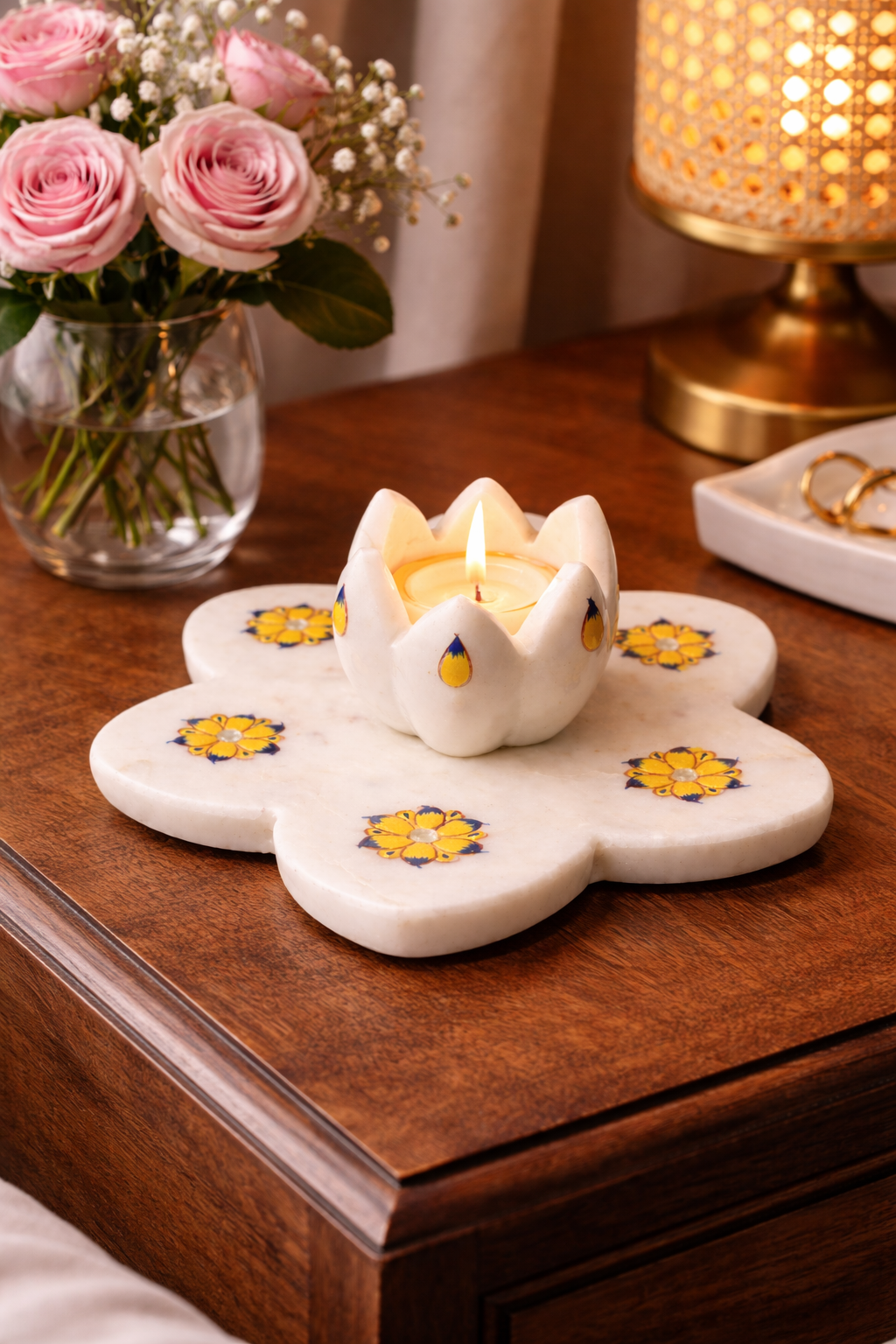 Hand-painted marble lotus tealight holder as living room table centrepiece