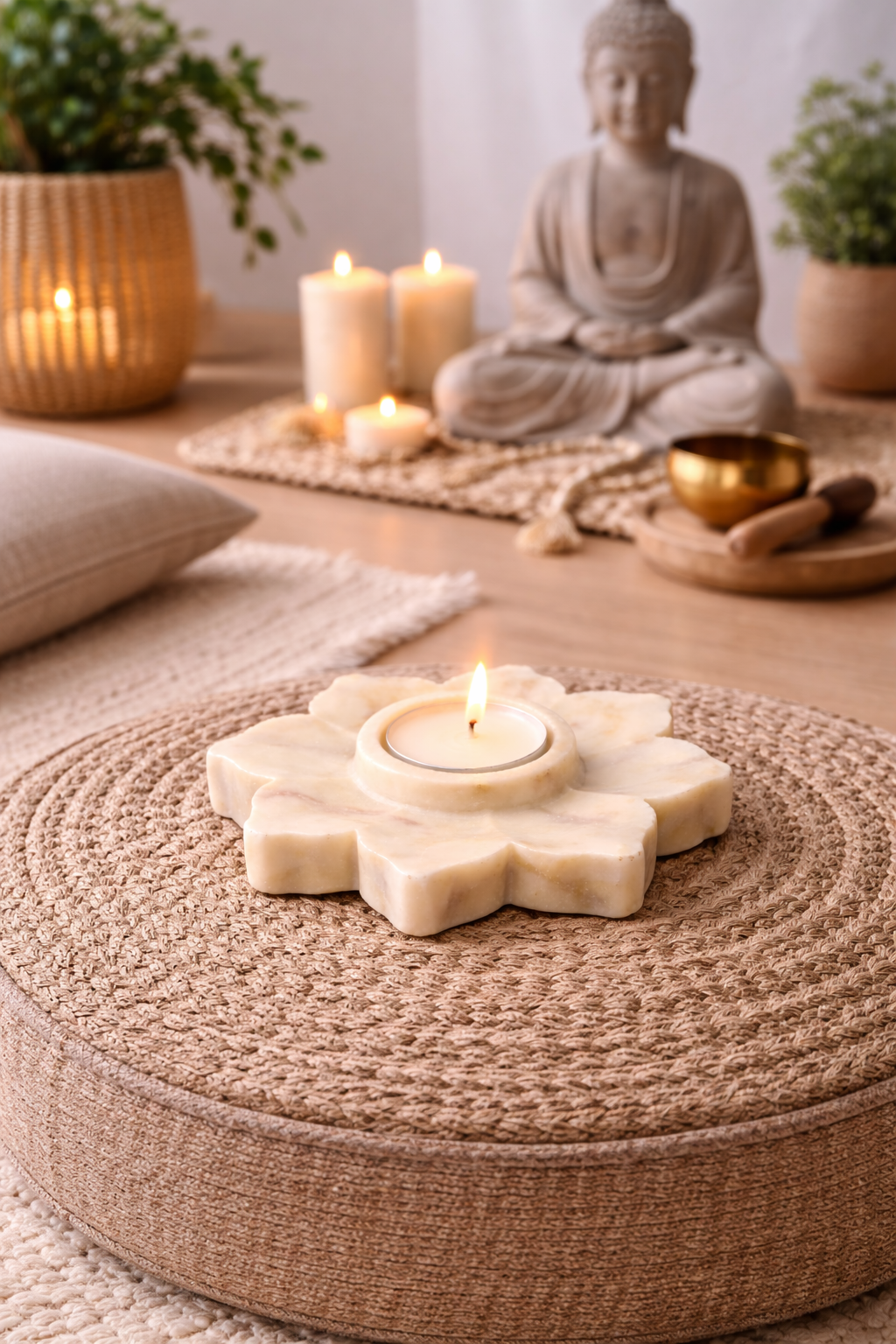 Handcrafted solid marble flower tealight holder styled in meditation room