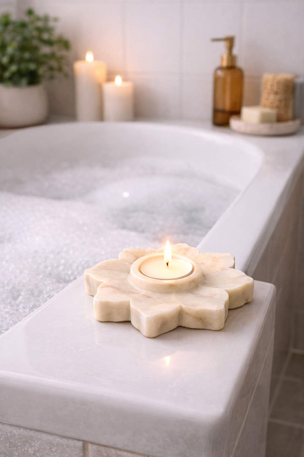 Handcrafted solid marble flower tealight holder used for spa style bathroom decor