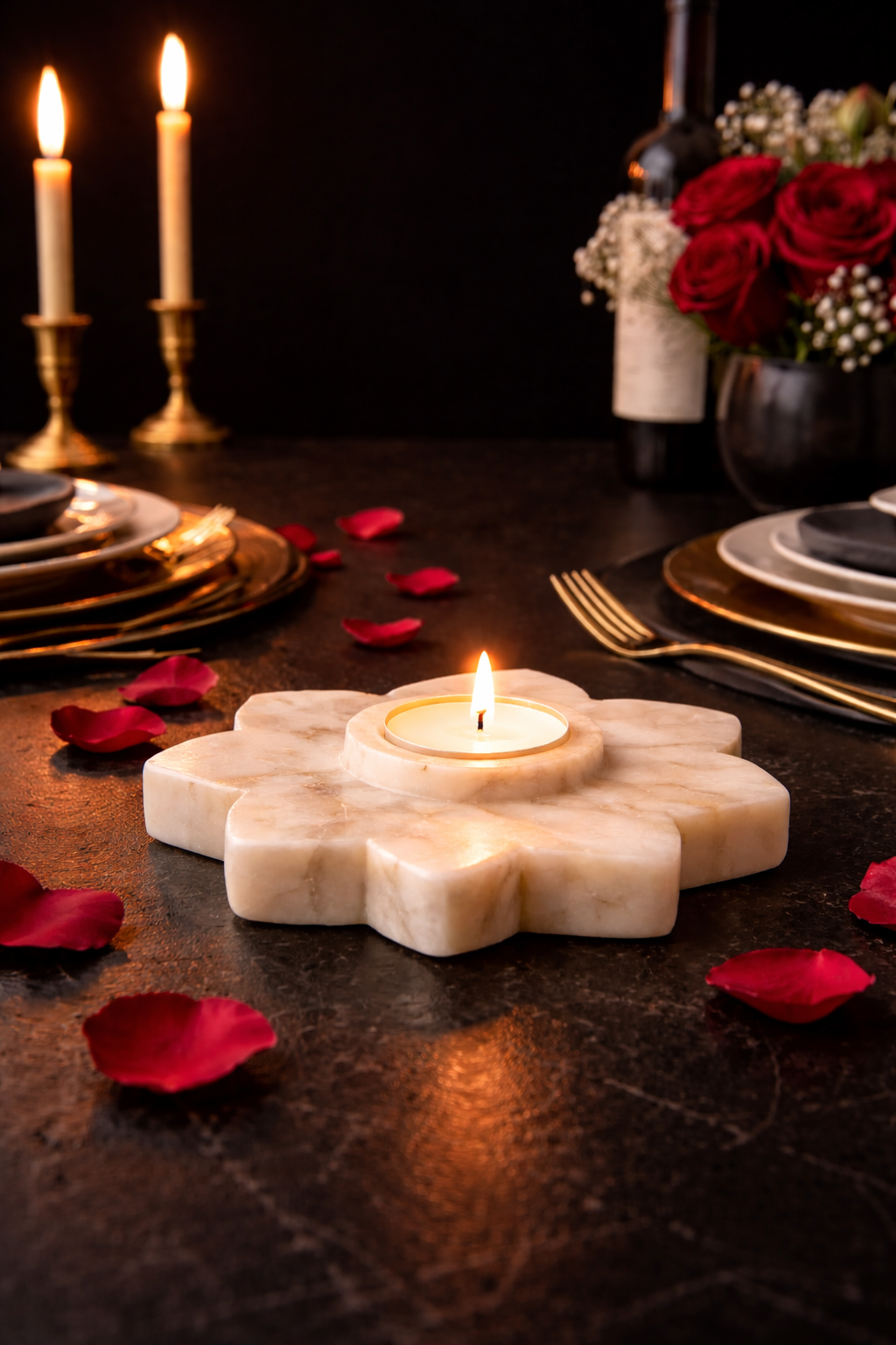 White marble flower candle holder styled for candlelight dinner setting