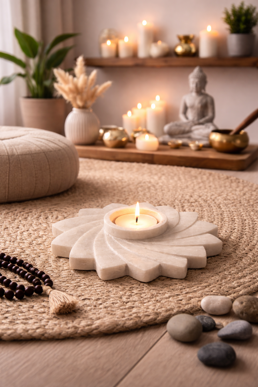 Marble spiral candle stand creating calm ambience in meditation corner