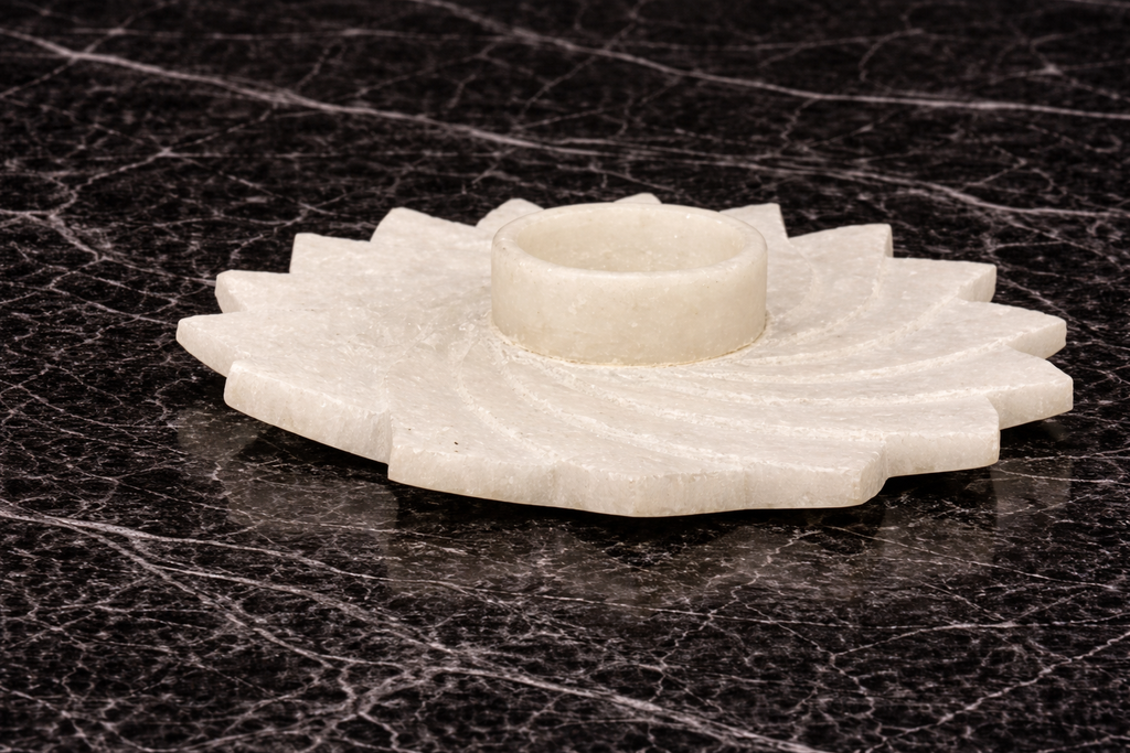 Marble spiral tealight stand with floral carved design
