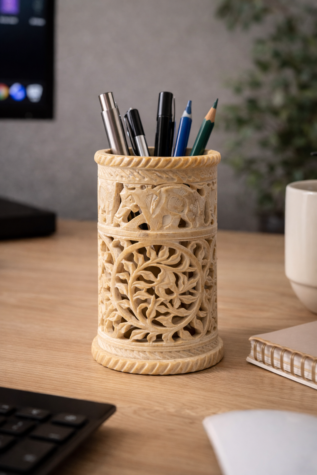 Solid soapstone round desk organiser with intricate carved design