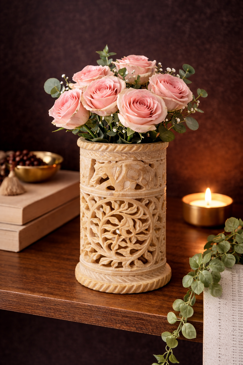 Hand-carved soapstone stand styled as mini decorative flower vase
