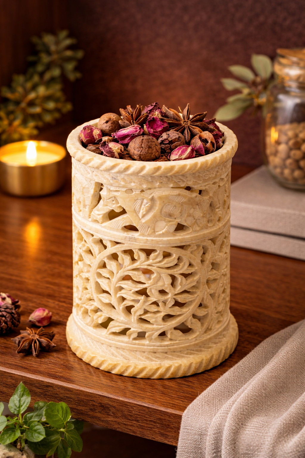 Handcrafted soapstone stand styled for aromatherapy decor