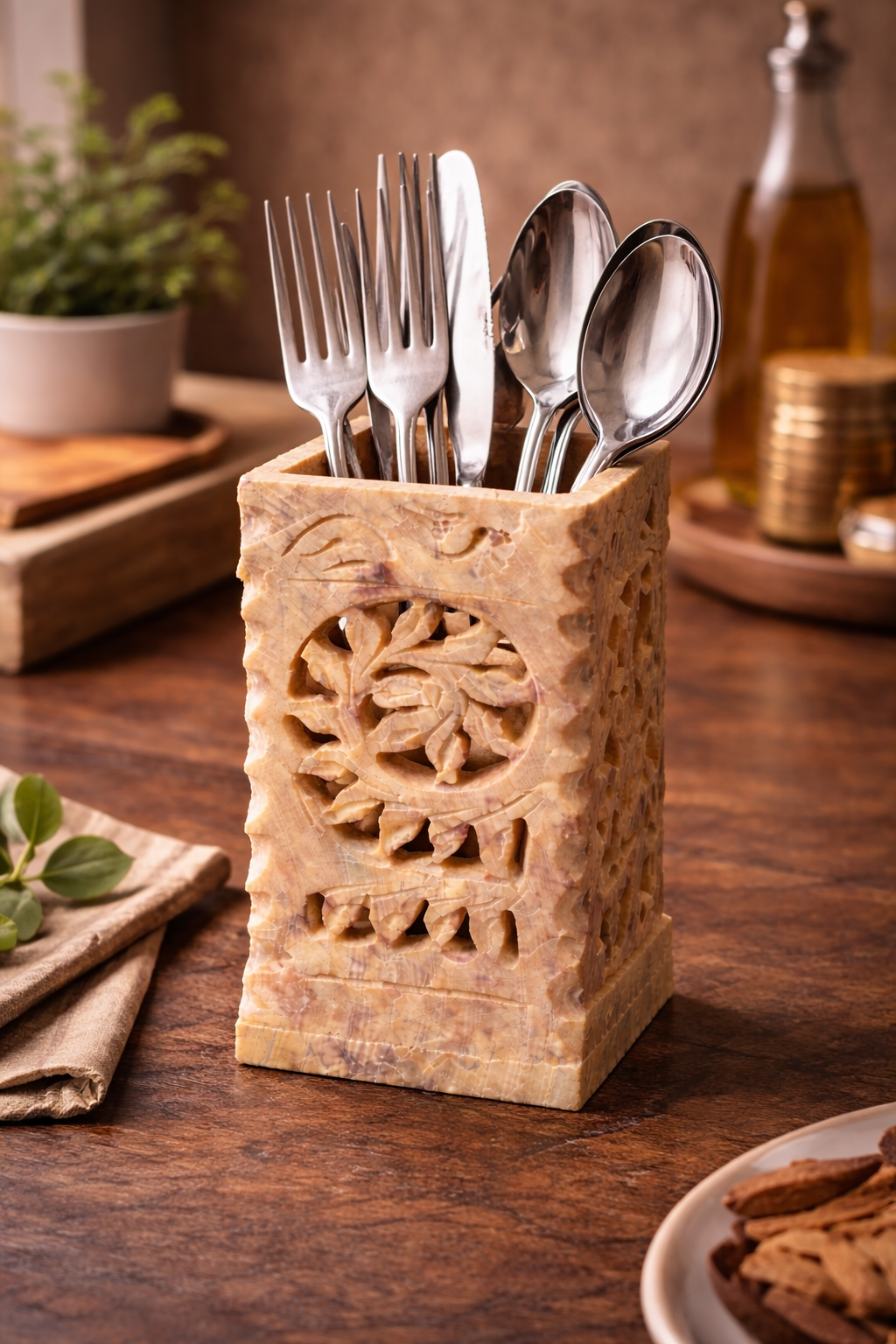 Handcrafted soapstone square holder used to organise cutlery in kitchen.